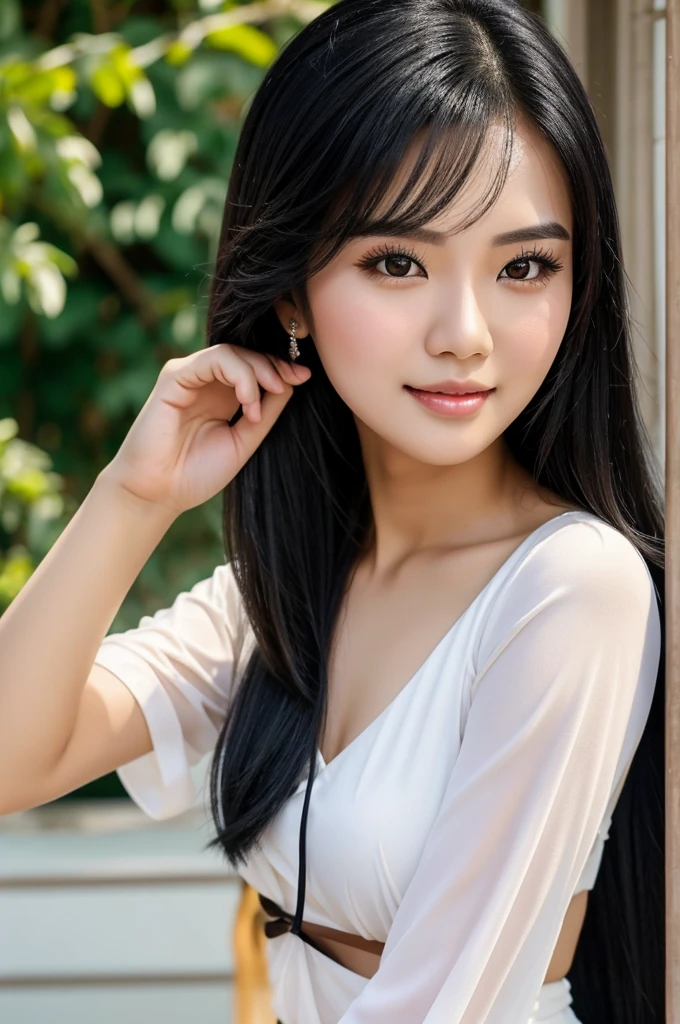 A beautiful woman, like a picture,wear Thai cohtet 30 years old, white skin, long shiny black hair, sweet eyes, hints of brown. Have a soft-spoken personality