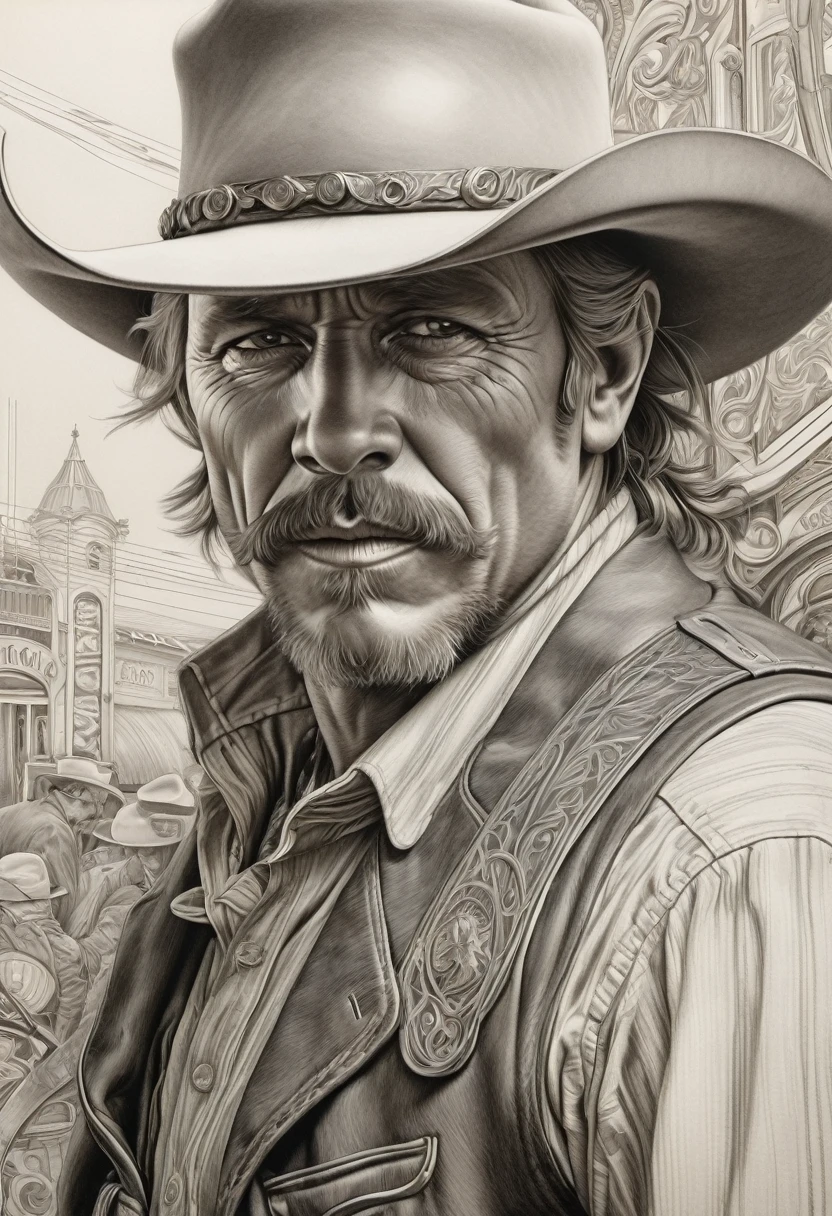 portrait of a cowboy], intricate lines, highly detailed, B&EM, monochrome, black and white, graphite, pencil painting, charcoal, (high contrast: 1.1), an Old West gunslinger with a determined appearance and a gun on his back . The image is inspired by stories from the old west, as if he were about to face a deadly duel. Colors should be vibrant and contrasting, like those of Alphonse Mucha. The details must be delicate and complex, like Mucha's. The lines should be thick and almost erased, like street art prints. The lines that delimit the shapes should favor thicker, straighter angles.