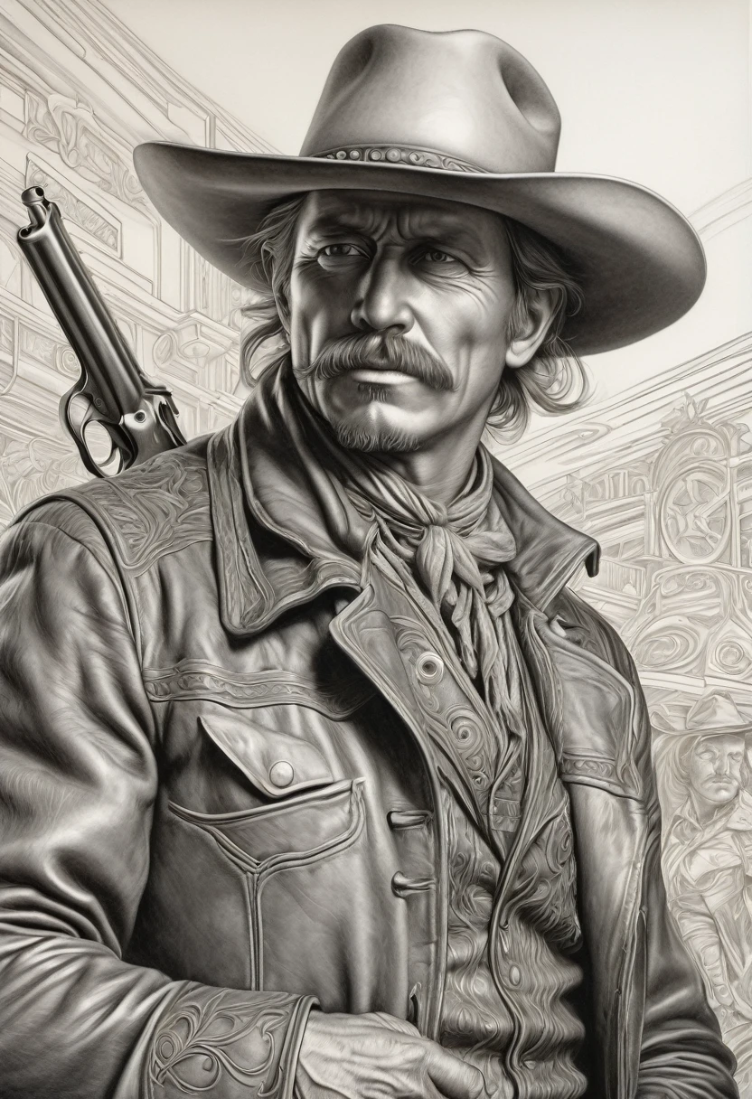 portrait of a cowboy], intricate lines, highly detailed, B&EM, monochrome, black and white, graphite, pencil painting, charcoal, (high contrast: 1.1), an Old West gunslinger with a determined appearance and a gun on his back . The image is inspired by stories from the old west, as if he were about to face a deadly duel. Colors should be vibrant and contrasting, like those of Alphonse Mucha. The details must be delicate and complex, like Mucha's. The lines should be thick and almost erased, like street art prints. The lines that delimit the shapes should favor thicker, straighter angles.