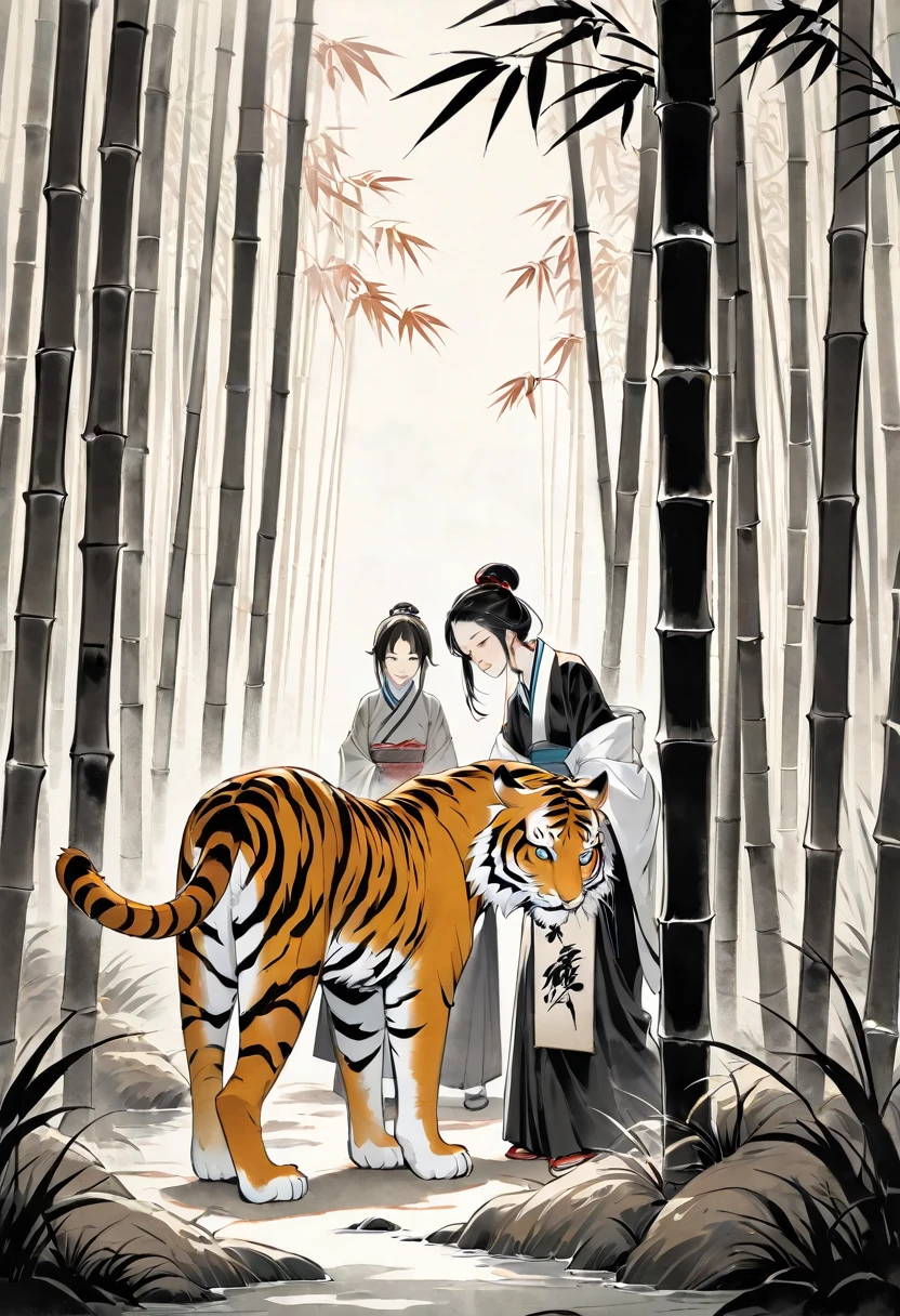 In a bamboo forest, a human transformed into a tiger meets an old friend and laments their past, Illustrated in the style of a traditional Chinese ink wash painting, resembling a handscroll with a horizontal composition,