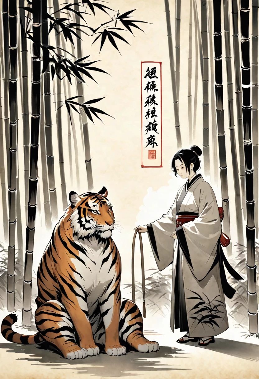 In a bamboo forest, a human transformed into a tiger meets an old friend and laments their past, Illustrated in the style of a traditional Chinese ink wash painting, resembling a handscroll with a horizontal composition,