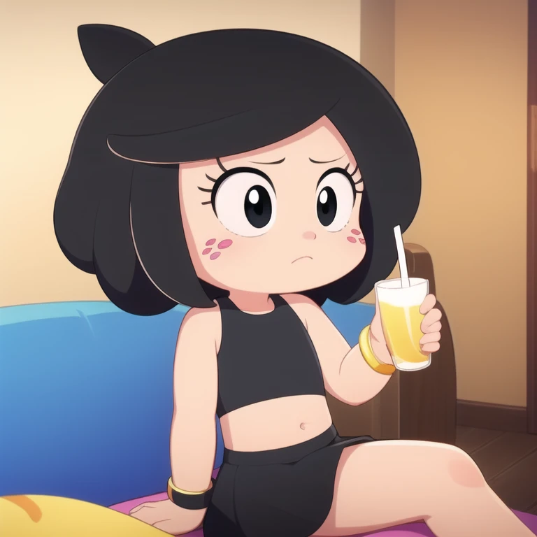 (masterpiece), 1girl, solo, hanazuki, black hair, highlights, pink nose, freckles, bracelet, black crop-top, black skirt, trimmings, drinking apple juice, cartoon