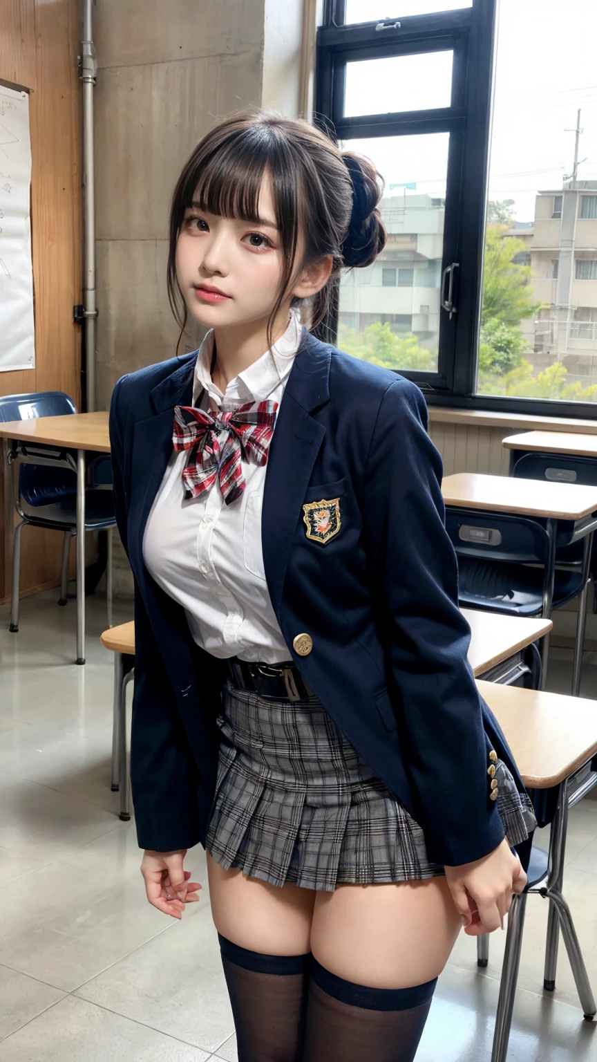 masterpiece, best quality, illustration, Super detailed, fine details, High resolution, 8K,wall paper, perfect dynamic composition,(Details High quality, realistic depiction of eyes:1.3), from side, High School Classroom、High school girl uniform、blazer 、Super Short Check Uniform Skirt、Navy blue high socks、garterbelts、plump breasts, Disturbed uniform, (updo:1.2), black hair color, large breasts, Big Natural Color Lip, bold sexy pose, (perfect body shape), crying a little、20 year old girl、cute type, beautiful legs, hposing Gravure Idol, Voluptuous thighs
