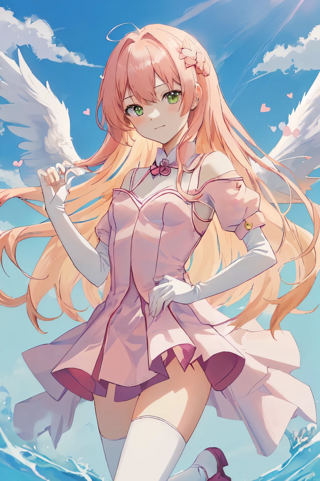 1_girl, (anime, kawai:2), (masterpeice, best_quality, clean:1.5), (sky_background:1.2), (cute, cute_smile, young:1.5), (delicate, extremely_delicate, beautiful, thin:1.5), (girlfriend, angel:1.8), (green_eyes, simple_eyes:1.8) (long_hair, blond_hair, wearing_pink_dress, pink_angel_wings, sexy_gloves:1.5), extremely_delicate, (love_magic:1.5), (age_size_fits_body), (small_thighs:1.3), (breasts), (eye_level:1.3), (heart_magic, love:1.5), (folded_legs:1.5), (combat:1.2)