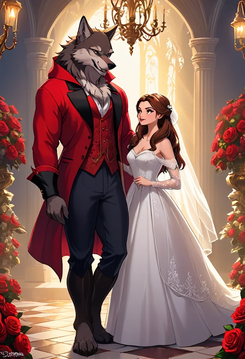 cover_page, Fairy tale wedding. Red Riding Hood, wolf man , elegant gown, hunter sharp suit, romantic, lavish decorations, ceremony, beauty and the beast, 