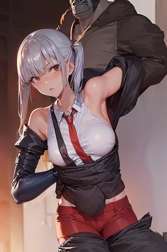 masterpiece, best quality,anime style, 1 girl,(((slender body))), (((small breast))),(((hot pants, white tanktop,red tie))),(((((a gorilla man grabbing the girl))))), ((((restrained, arms behind back)))),((((cum)))), (beautiful face), (((short twintail))), (((straight hair))), ((((silver hair)))),detailed beautiful skin, (perfect hands, perfect anatomy)