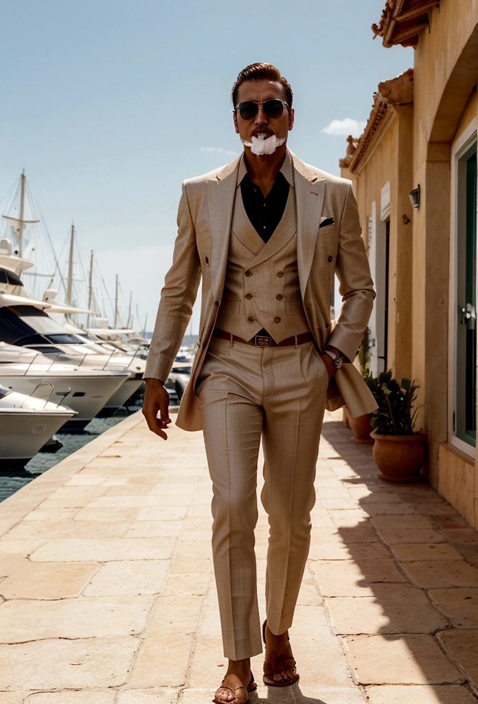 A man smoking a cigar, gazing into the horizon with a serious temperament. Dressed in elegant summer attire, he exudes arrogance as he walks through Puerto Banús in Marbella, Spain. The luxurious yachts and upscale boutiques in the vibrant marina enhance his commanding presence.