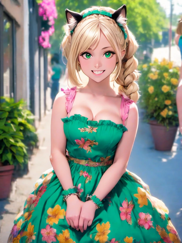 1girl, :d, animal ear fluff, animal ears, bangs, black hairband, blonde hair, blurry, blurry background, depth of field, dress, flower, flower pot, frilled dress, frills, green dress, green eyes, hairband, holding, long hair, open mouth, pink flower, plant, potted plant, sketch, sleeveless, sleeveless dress, smile, solo, tail, wrist cuffs, yellow flower, 1980s (style)