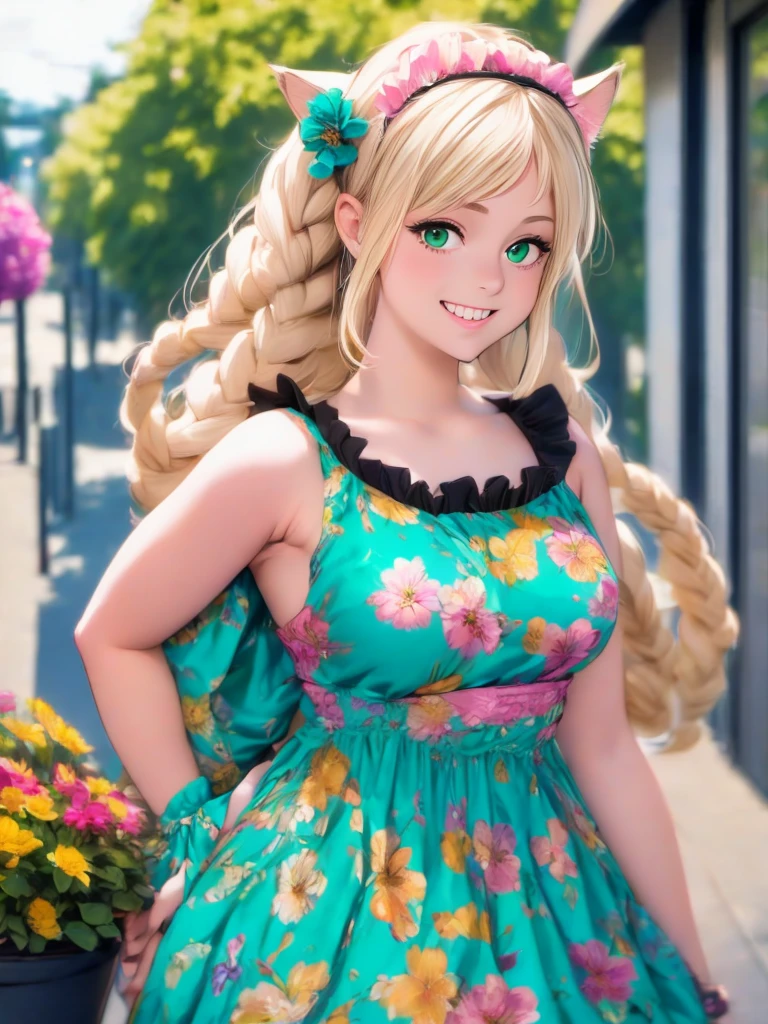 1girl, :d, animal ear fluff, animal ears, bangs, black hairband, blonde hair, blurry, blurry background, depth of field, dress, flower, flower pot, frilled dress, frills, green dress, green eyes, hairband, holding, long hair, open mouth, pink flower, plant, potted plant, sketch, sleeveless, sleeveless dress, smile, solo, tail, wrist cuffs, yellow flower, 1980s (style)