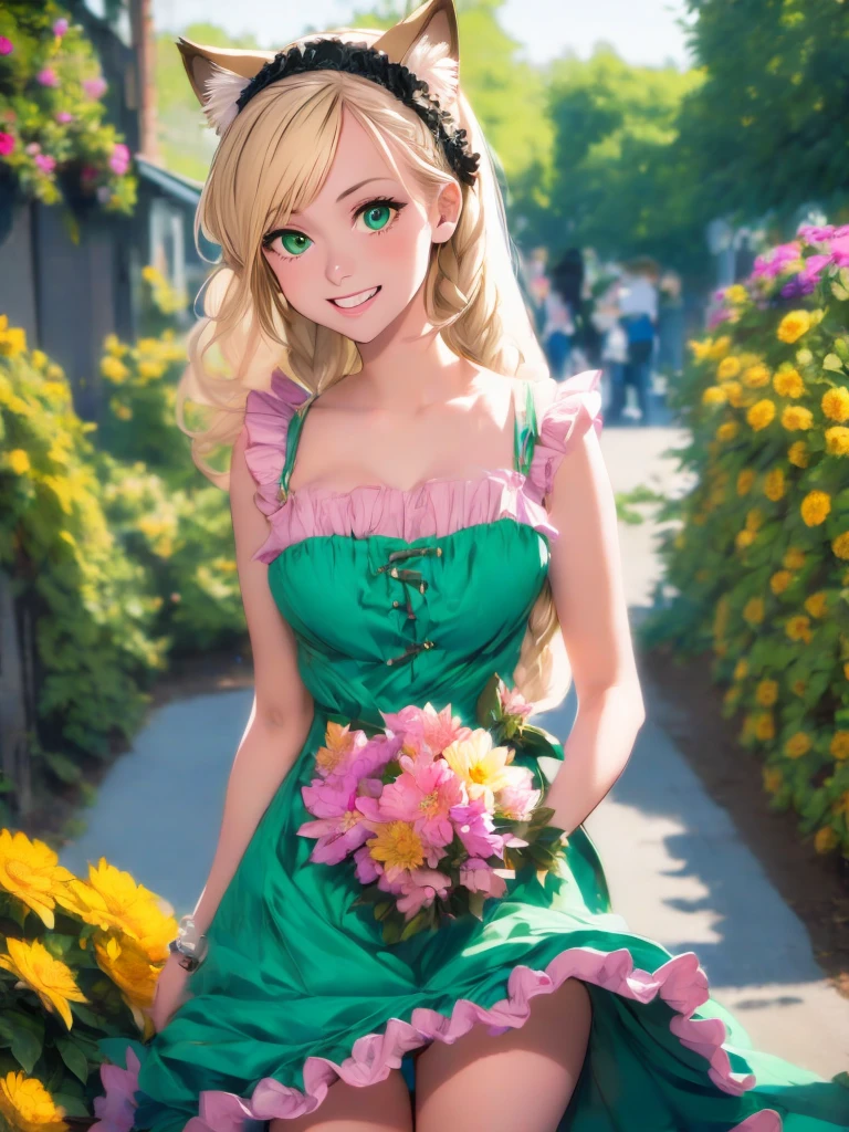 1girl, :d, animal ear fluff, animal ears, bangs, black hairband, blonde hair, blurry, blurry background, depth of field, dress, flower, flower pot, frilled dress, frills, green dress, green eyes, hairband, holding, long hair, open mouth, pink flower, plant, potted plant, sketch, sleeveless, sleeveless dress, smile, solo, tail, wrist cuffs, yellow flower, 1980s (style)