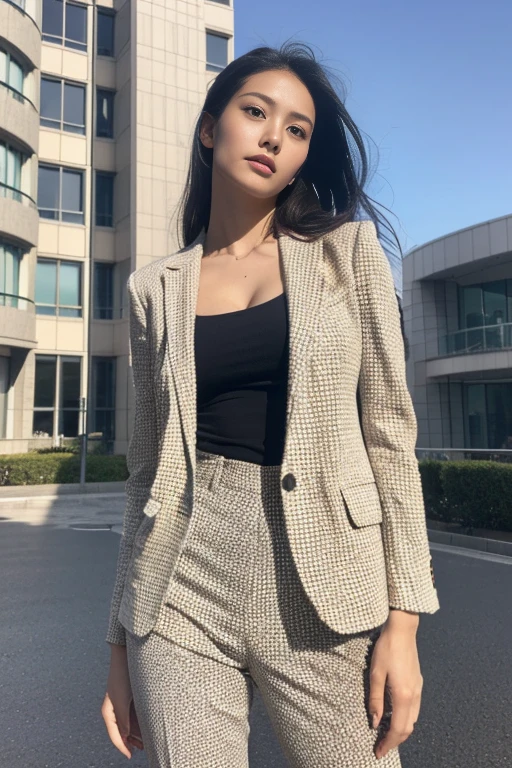 (Highest quality、Ultra-high resolution、masterpiece、8K、Realistic raw photo)、(Delicate face、Detailed eyes and face、Watery eyes、double eyelid、Glossy lips), ((1 girl)) 、Very beautiful woman、Slender、Slim Big、Sharp long legs、Alluring and sexy、(Random color blazer:1.2)、(Random color business pants:1.2)、(High heels)、Cleavage、High-definition skin texture、The wind is blowing、Sunlight shining、Modern architecture in the background、Above the knee shot、((Perfect Anatomy、Anatomically correct:1.2))
