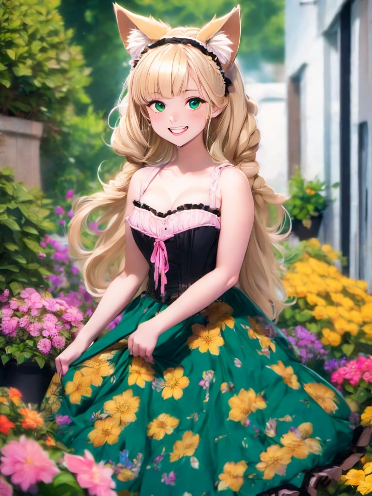 1girl, :d, animal ear fluff, animal ears, bangs, black hairband, blonde hair, blurry, blurry background, depth of field, dress, flower, flower pot, frilled dress, frills, green dress, green eyes, hairband, holding, long hair, open mouth, pink flower, plant, potted plant, sketch, sleeveless, sleeveless dress, smile, solo, tail, wrist cuffs, yellow flower, 1980s (style)