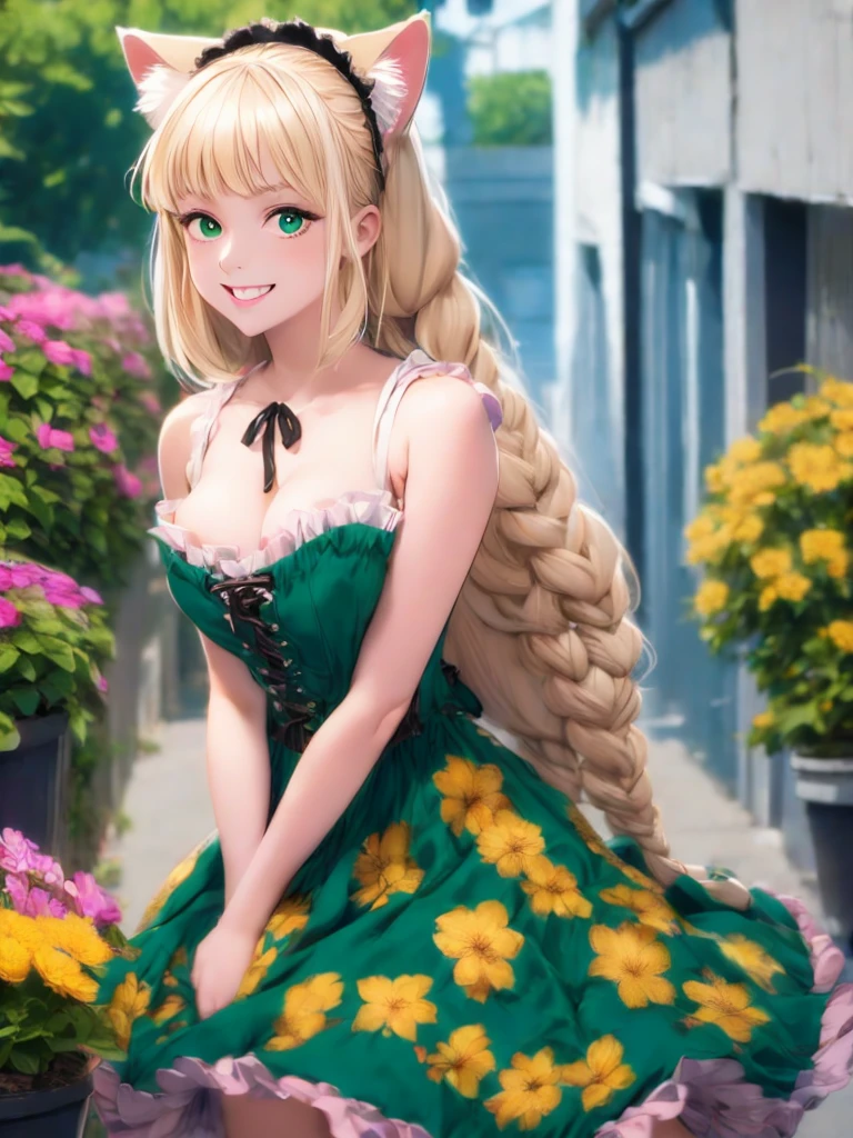 1girl, :d, animal ear fluff, animal ears, bangs, black hairband, blonde hair, blurry, blurry background, depth of field, dress, flower, flower pot, frilled dress, frills, green dress, green eyes, hairband, holding, long hair, open mouth, pink flower, plant, potted plant, sketch, sleeveless, sleeveless dress, smile, solo, tail, wrist cuffs, yellow flower, 1980s (style)