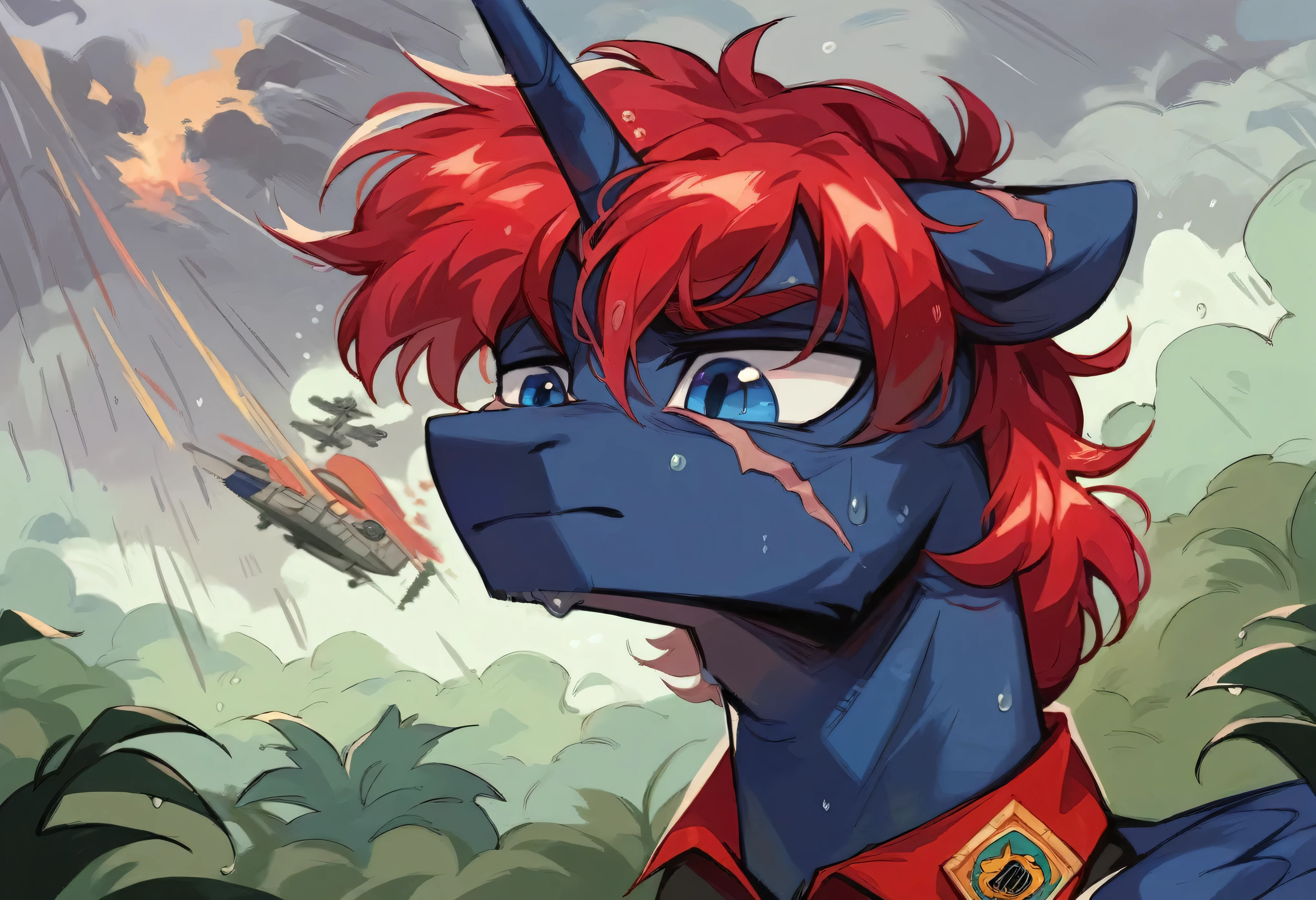 Male alicorn pony, black fur, long red hair, deep blue eyes, red feathers on wings, scar over left eye, red striping, vietnam-era helicopter pilot uniform, boonie hat, in a swamp, explosion in background, raining, wet hair, thousand-yard stare, close-up portrait