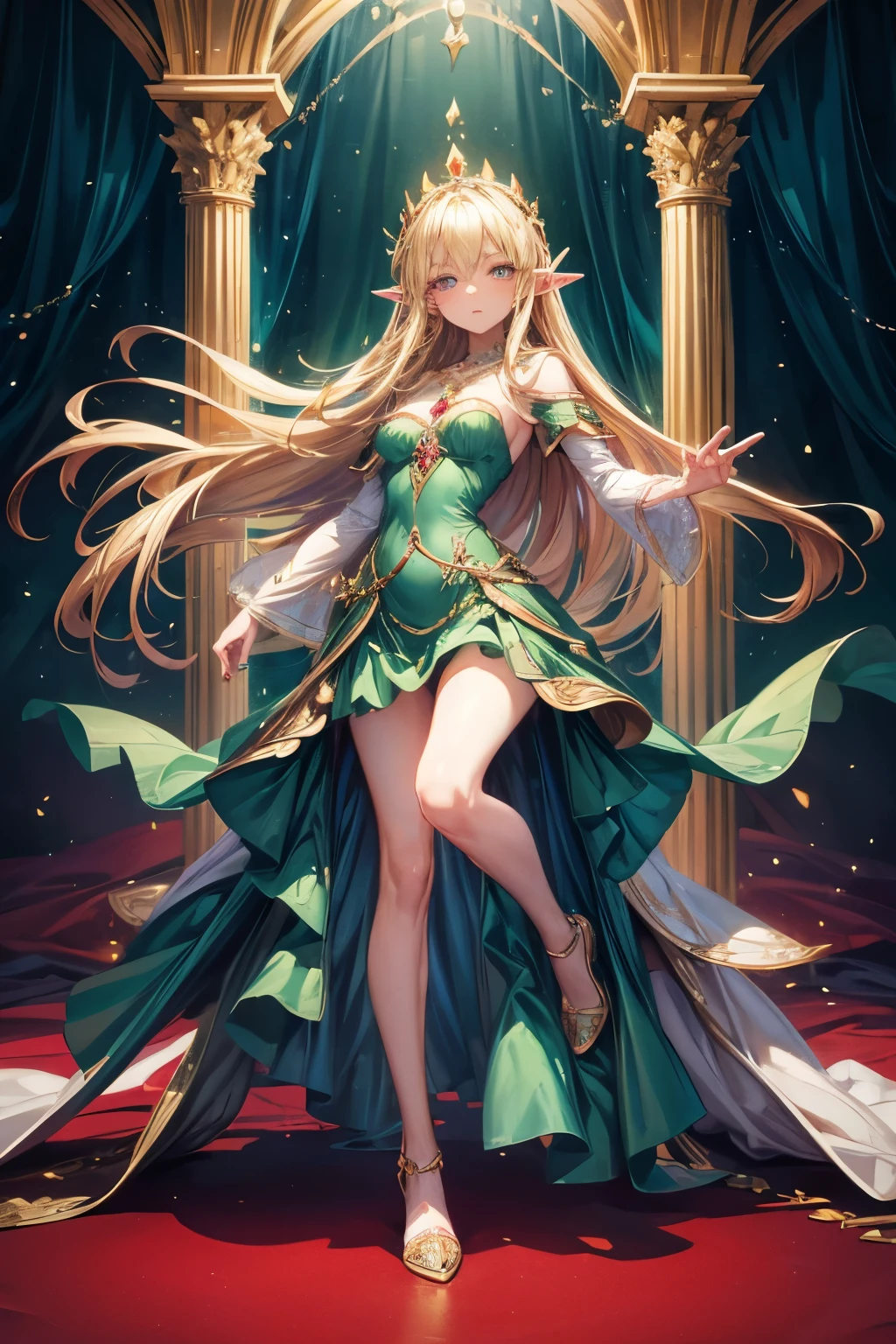 masterpiece,Highest quality,Very detailed,Dancing Elf Girl, ,Long blonde hair,Very beautiful and detailed eyes,Thin legs,Long skirt, underweight,Small breasts, full body,Beautiful peppermint green dress,Large ruby necklace,gem,Luxurious cape,A luxurious palace