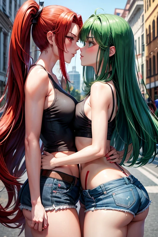 Draw two female characters in anime style.  Jessie has waist-length red hair, red eyebrows, and red eyes.  Bella has long green hair down to her waist, green eyebrows and green eyes.  Both have small breasts, thin waists, big, perky butts and thick thighs.  The two girls are 20 years old and are in an intense romantic relationship, kissing in the city square, kneading their faces with their hands.  they are involved in a very intense and pleasurable sexual relationship.  They are wearing short shorts and a black tank top during the late afternoon.