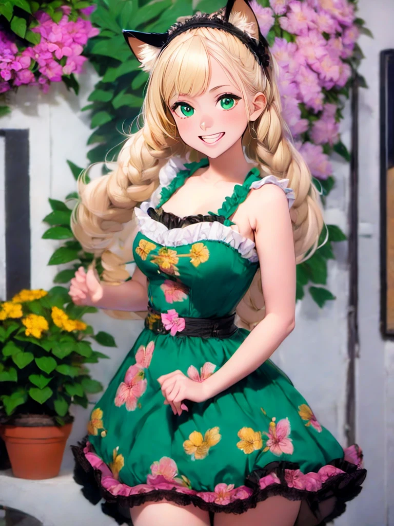 1girl, :d, animal ear fluff, animal ears, bangs, black hairband, blonde hair, blurry, blurry background, depth of field, dress, flower, flower pot, frilled dress, frills, green dress, green eyes, hairband, holding, long hair, open mouth, pink flower, plant, potted plant, sketch, sleeveless, sleeveless dress, smile, solo, tail, wrist cuffs, yellow flower, 1980s (style)