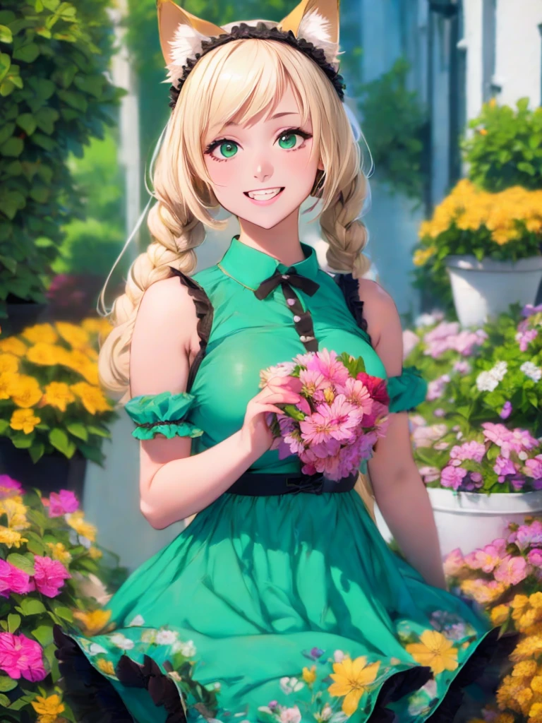 1girl, :d, animal ear fluff, animal ears, bangs, black hairband, blonde hair, blurry, blurry background, depth of field, dress, flower, flower pot, frilled dress, frills, green dress, green eyes, hairband, holding, long hair, open mouth, pink flower, plant, potted plant, sketch, sleeveless, sleeveless dress, smile, solo, tail, wrist cuffs, yellow flower, 1980s (style)