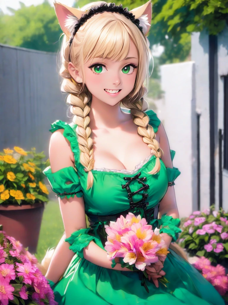 1girl, :d, animal ear fluff, animal ears, bangs, black hairband, blonde hair, blurry, blurry background, depth of field, dress, flower, flower pot, frilled dress, frills, green dress, green eyes, hairband, holding, long hair, open mouth, pink flower, plant, potted plant, sketch, sleeveless, sleeveless dress, smile, solo, tail, wrist cuffs, yellow flower, 1980s (style)
