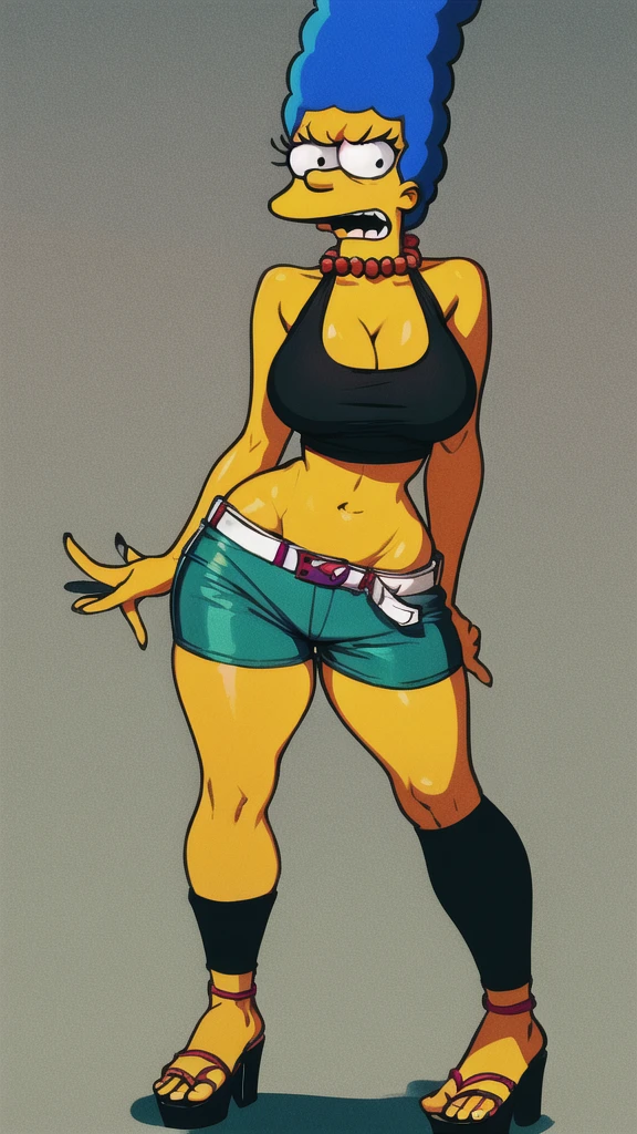 marge simpson, blue hair, red necklace, extra large breasts, cleavage, colored skin, yellow skin, green short crop-top, short shorts, angry, open-toe platform high heels, visible feet, thick thighs