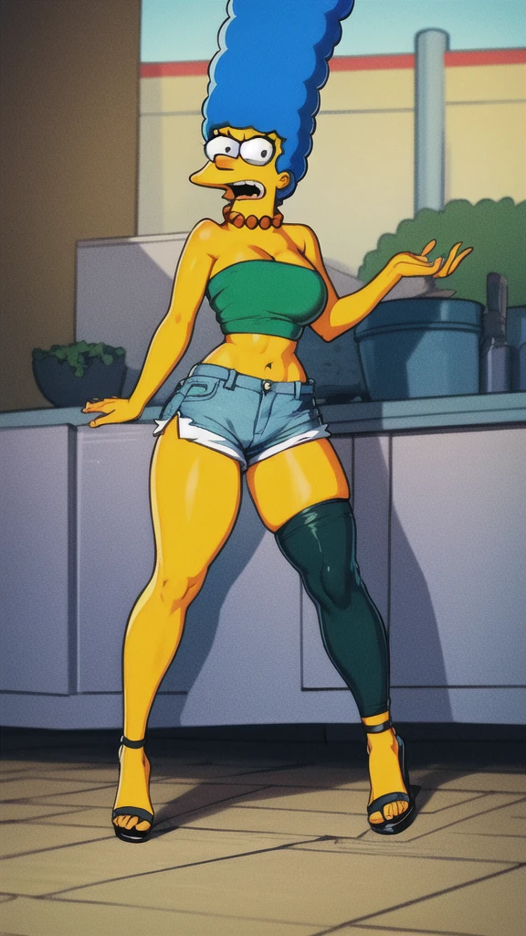 marge simpson, blue hair, red necklace, extra large breasts, cleavage, colored skin, yellow skin, green short crop-top, short shorts, angry, open-toe platform high heels, visible feet, thick thighs