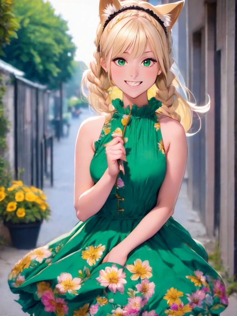 1girl, :d, animal ear fluff, animal ears, bangs, black hairband, blonde hair, blurry, blurry background, depth of field, dress, flower, flower pot, frilled dress, frills, green dress, green eyes, hairband, holding, long hair, open mouth, pink flower, plant, potted plant, sketch, sleeveless, sleeveless dress, smile, solo, tail, wrist cuffs, yellow flower, 1980s (style)