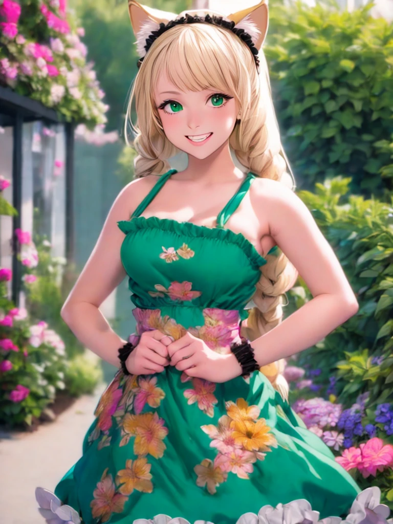 1girl, :d, animal ear fluff, animal ears, bangs, black hairband, blonde hair, blurry, blurry background, depth of field, dress, flower, flower pot, frilled dress, frills, green dress, green eyes, hairband, holding, long hair, open mouth, pink flower, plant, potted plant, sketch, sleeveless, sleeveless dress, smile, solo, tail, wrist cuffs, yellow flower, 1980s (style)