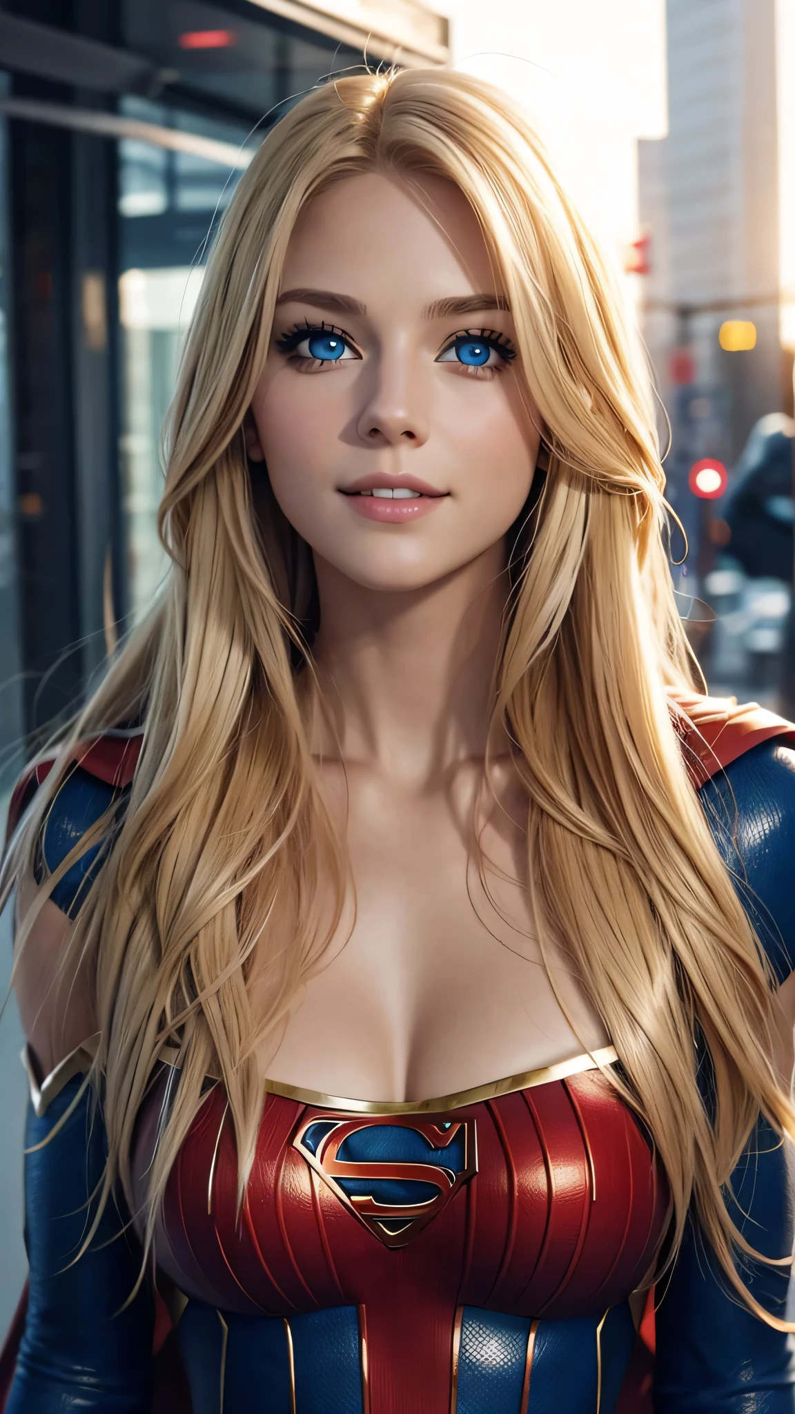 The character Supergirl, perfect costume, shiny blue eyes, extremely beautiful blond hair, beautiful smile , perfect anatomy and extremely beautiful face 