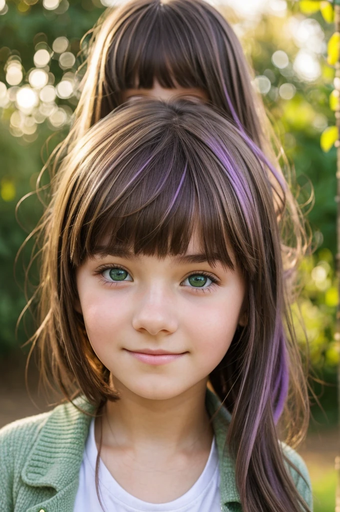 14 year old girl with brown hair, fringe, pastel purple highlights, eyes between green and light brown, The most important thing is to be happy.