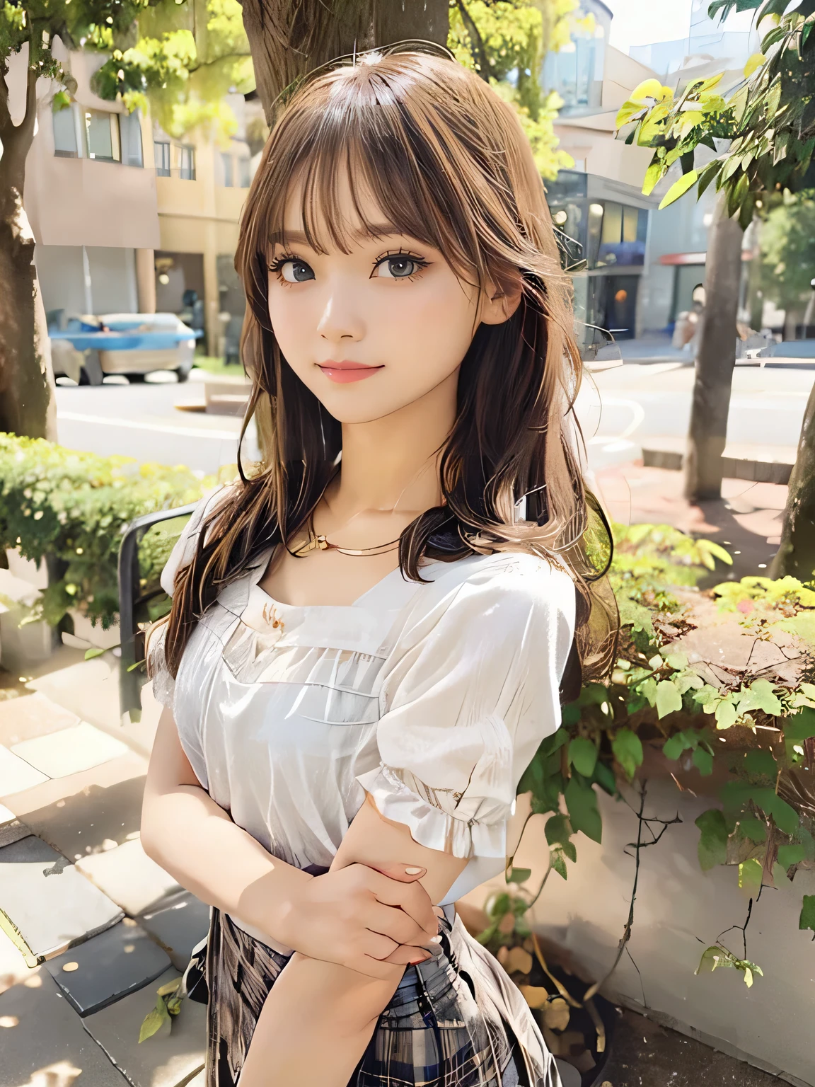 1girl, woman, 25 years old woman, beautiful, beautiful face, Cute face, medium breasts, flirtatious look, ((very detailed)), (perfectly detailed face), looking at viewer:1.8, (1girl eyes looking at viewer:1.55), Upper body, Simple Background, Emphasis on the chest, Hands behind the body, hands behind head, hands behind head, photorealistic image, girl in summer clothes, Plain costumes, miniskirt, photorealistic, (bokeh), best quality, 8k, UHD, anatomically correct, textured skin