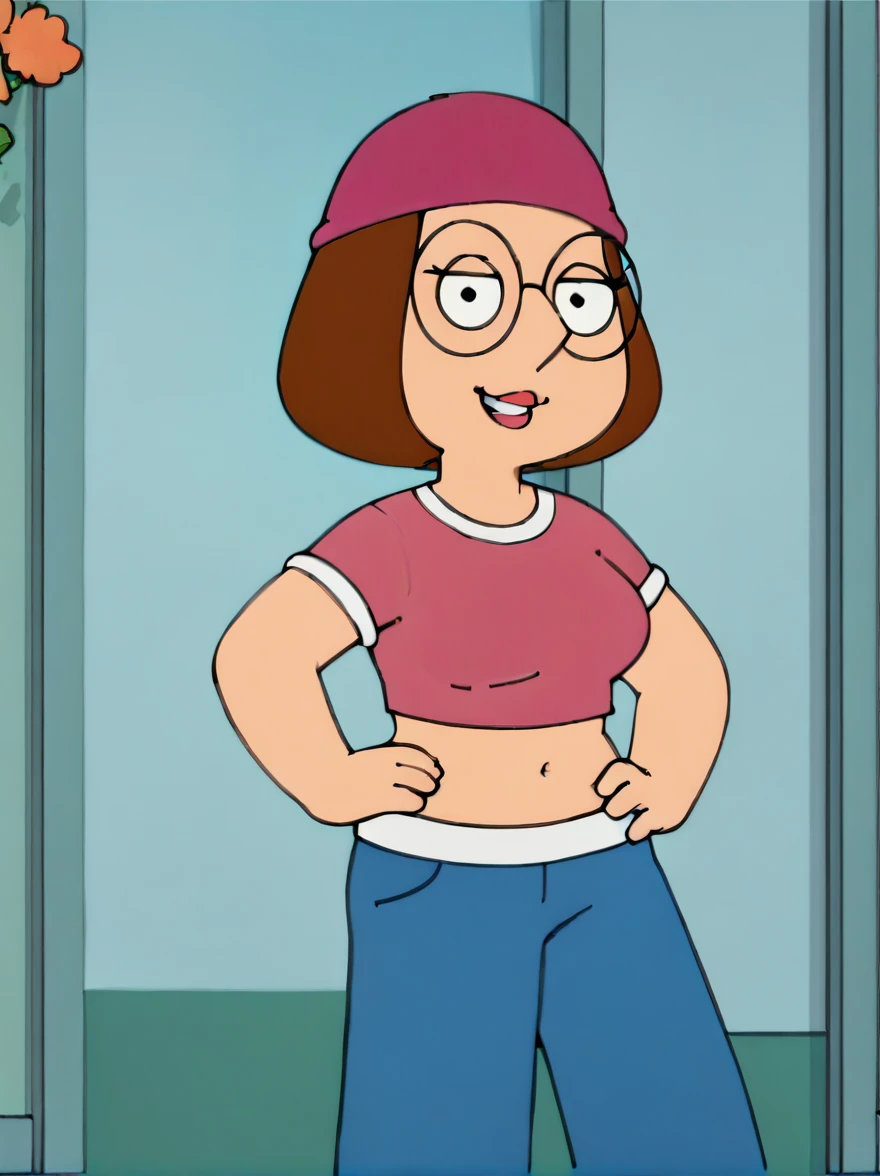 meg, brown hair, 1girl, glasses, solo, short hair, flat color, blue pants, beanie, pink crop-top,standing, hand on own hip,  looking at viewer, smile, large breasts,