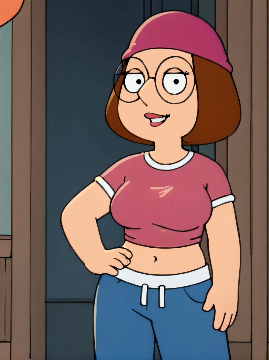 meg, brown hair, 1girl, glasses, solo, short hair, flat color, blue pants, beanie, pink crop-top,standing, hand on own hip, looking at viewer, smile, large breasts,