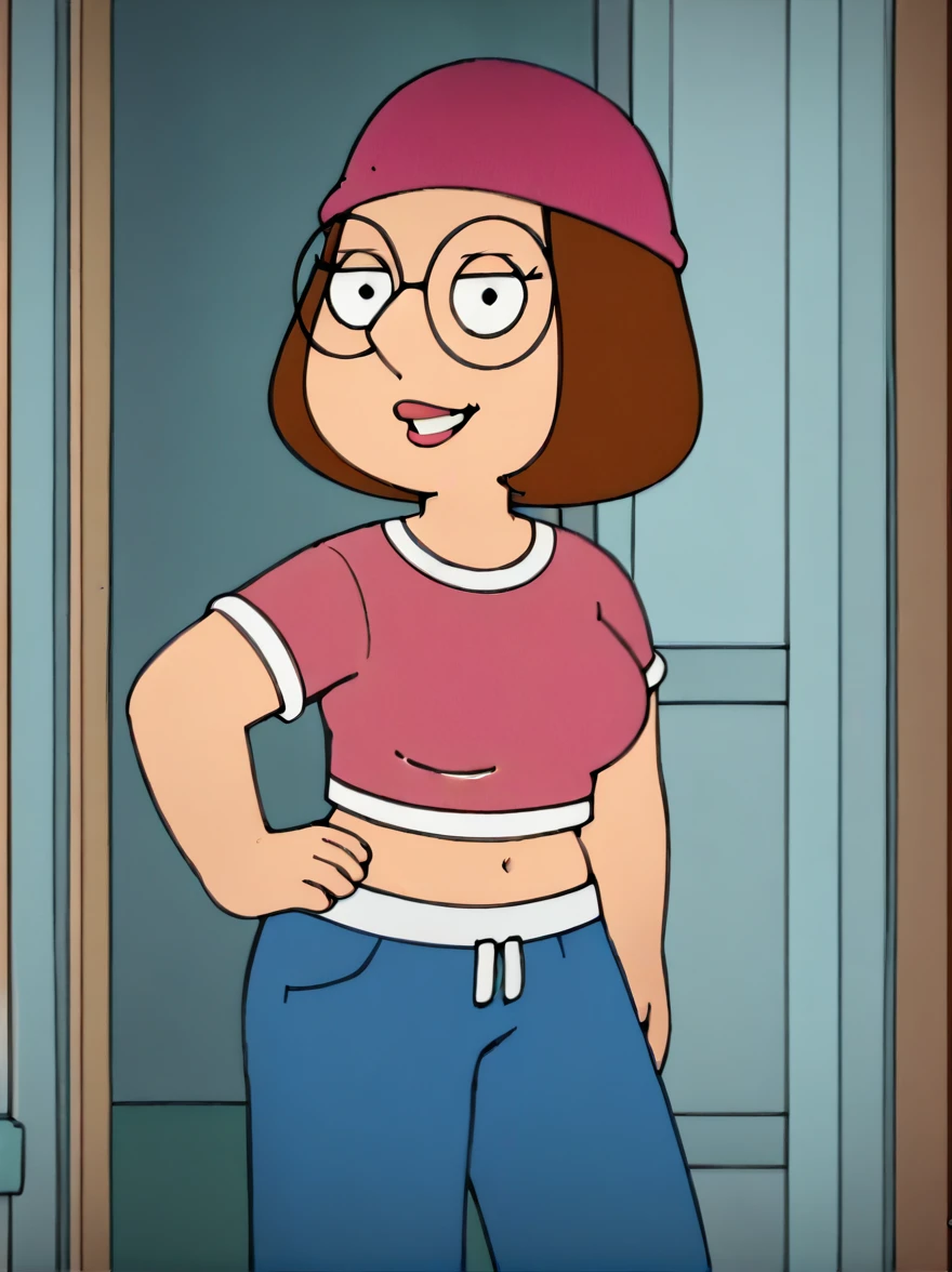 meg, brown hair, 1girl, glasses, solo, short hair, flat color, blue pants, beanie, pink crop-top,standing, hand on own hip, looking at viewer, smile, large breasts,