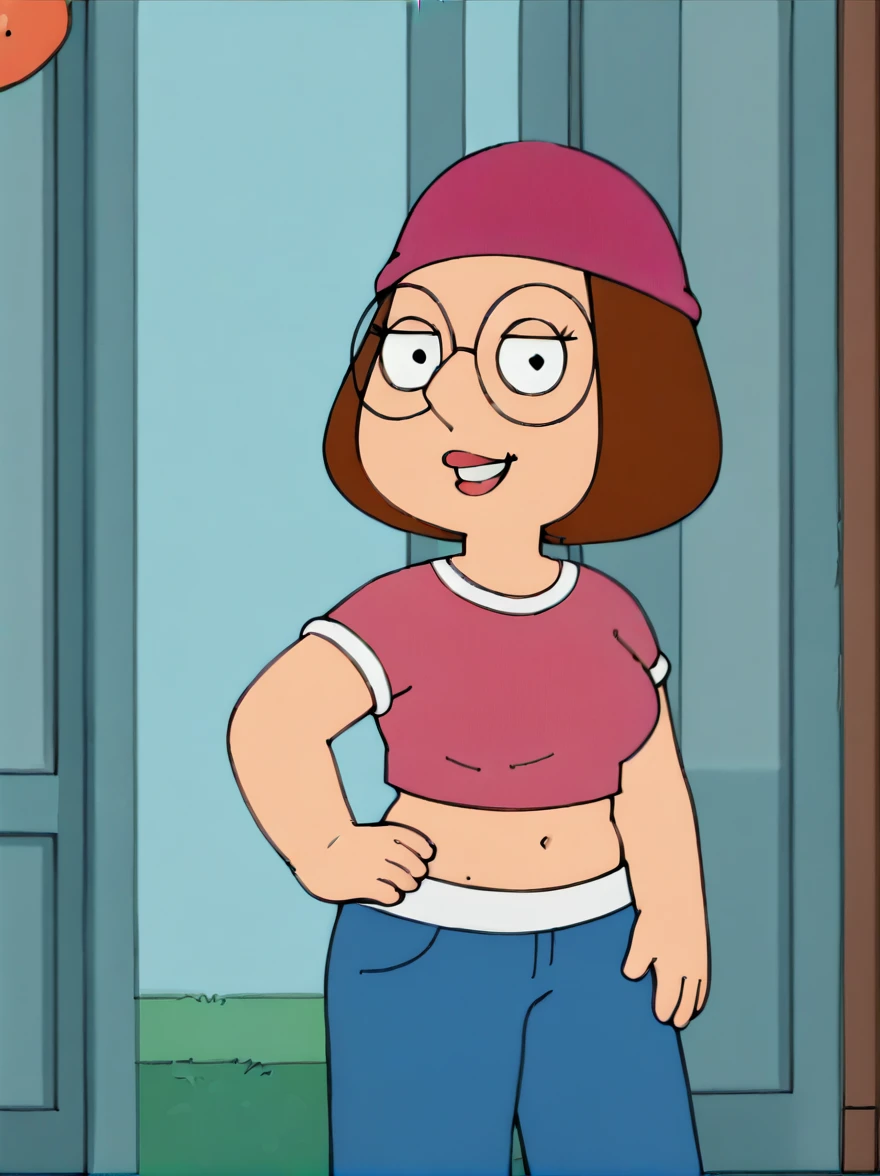 meg, brown hair, 1girl, glasses, solo, short hair, flat color, blue pants, beanie, pink crop-top,standing, hand on own hip, looking at viewer, smile, large breasts,