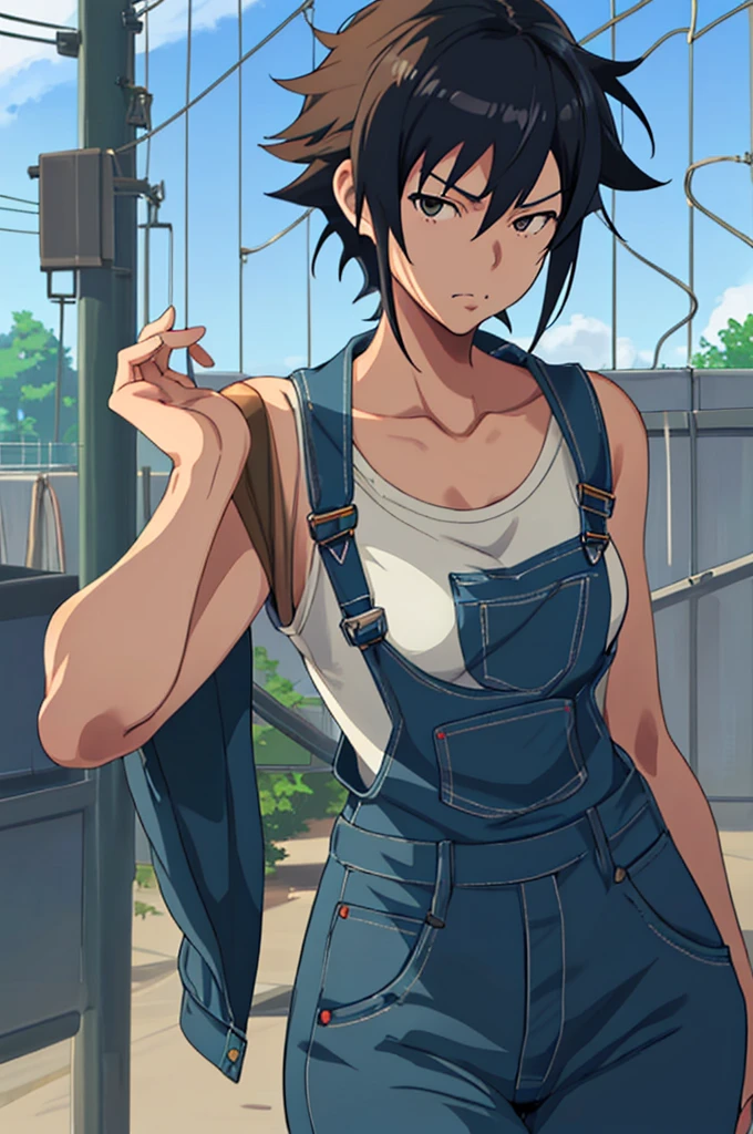 A close-up of a woman in overalls standing near a fence, Makoto Shinkai ( legends of the apex ), female protagonist 👀 :8, attractive anime girl, Makoto Shinkai and artgerm, blue Monkey, cute girl in tank suit, seductive anime girl, Abigail from Stardew Valley, Fubuki, anime girl, Makoto Shinkai art styl