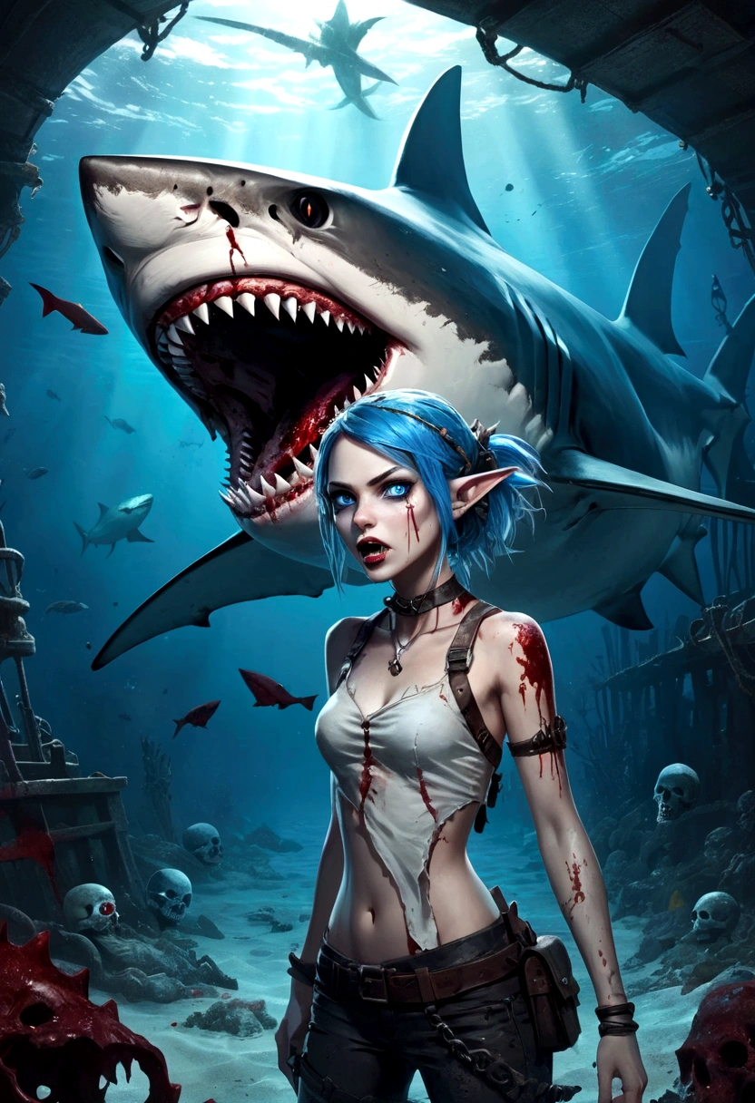 A fantasy underwater scene with a shark elf girl, beautiful detailed blue eyes, Sharp Fangs, a shark fin feature on her back, looking back with a fierce expression, blood on the corners of her mouth, a gritty, dark style, an old, dilapidated shipwreck in the background, a zombie-like feel, an unconventional and alternative character, holding a human skull in her hand,Bullet shooting,Motion capture
