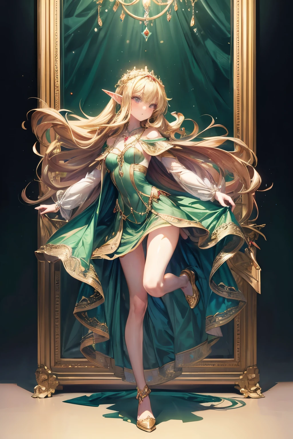 masterpiece,Highest quality,Very detailed,Dancing Elf Girl, ,Long blonde hair,Very beautiful and detailed eyes,Thin legs,Long skirt, underweight,Small breasts, full body,Beautiful peppermint green dress,Large ruby necklace,gem,Luxurious cape,A luxurious palace