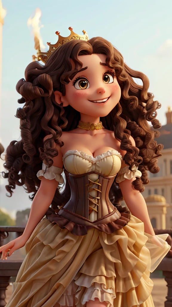 with big, curly hair in a corset, wearing a golden crown, smiling at the camera, her eyes are dark brown