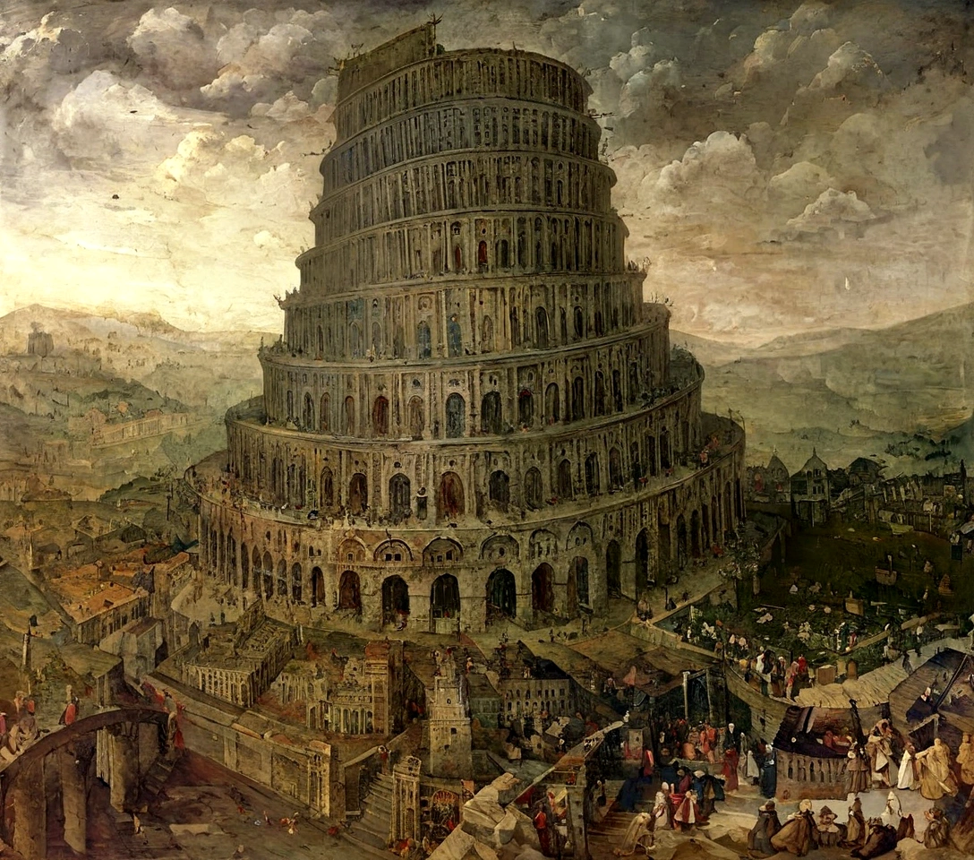 a painting of contemporary art from the middle ages Create a high definition image, with a story on the theme "tower of babel"... from the historical book Bible, use the tiny details of the story! high angle, almost touching the sky's clouds, from a 70mm slow angle from bottom to top