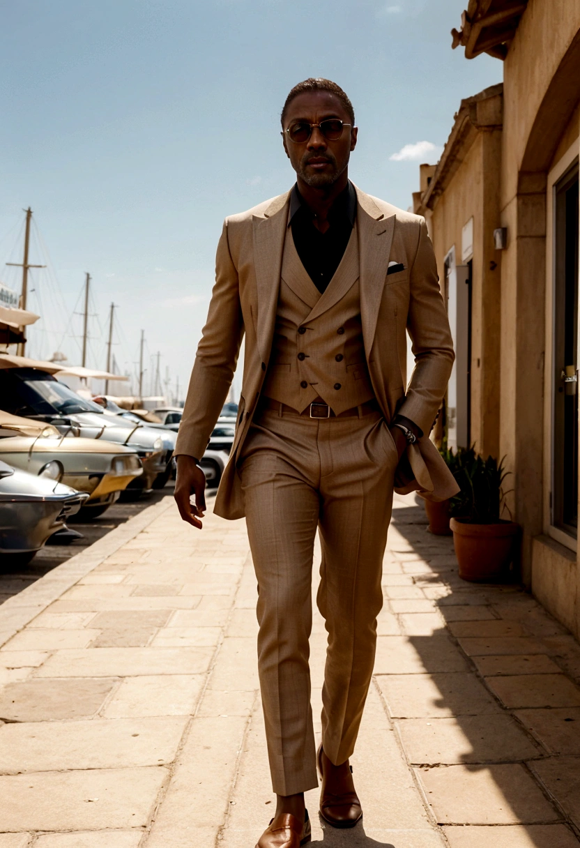 Man dressed in araffe walking on a sidewalk with a cigarette in his mouth, tan suit, Idris Elba as James Bond, golden suit, 3 piece suit, David Gandy, Traje maximalista moderno, wearing an elegant men's suit, Samuel L Jackson posing in a cafe, trench coat and suit, Mads Mikkelsen, Mads Mikkelsen smoking cigarette