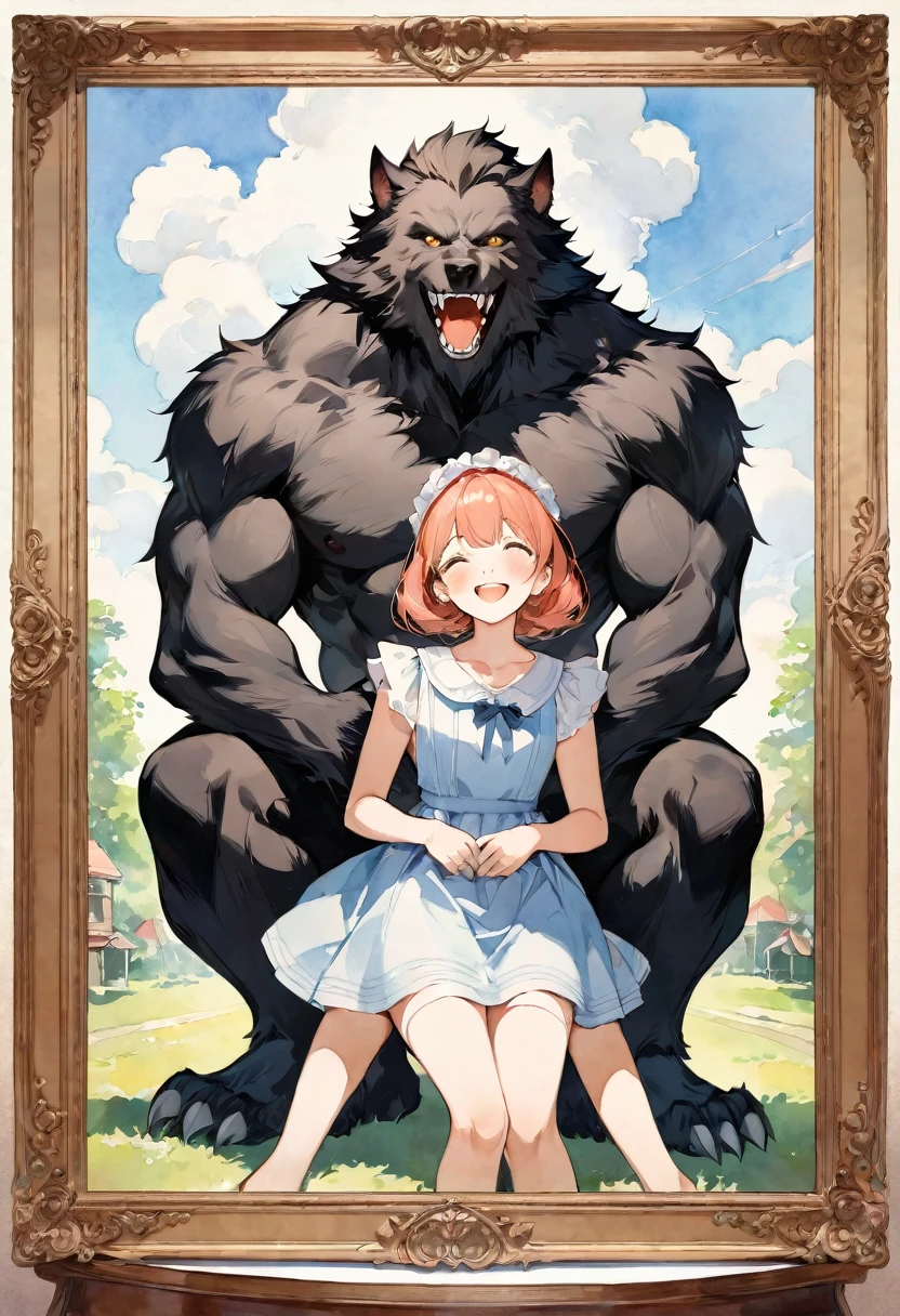 cover page, highres, top quality, best quality, paid reward available, unparalleled masterpiece, perfect artwork, absurdres, High-quality illustrations, watercolor, soft color, Vintage images, highres, unparalleled masterpiece, absurdres, love story of human girl and giant Werewolf, love romance, family photograph, pair, Height difference, Physical difference, perfect anatomy, smile, joyful, play with, smile, happy, watercolor,