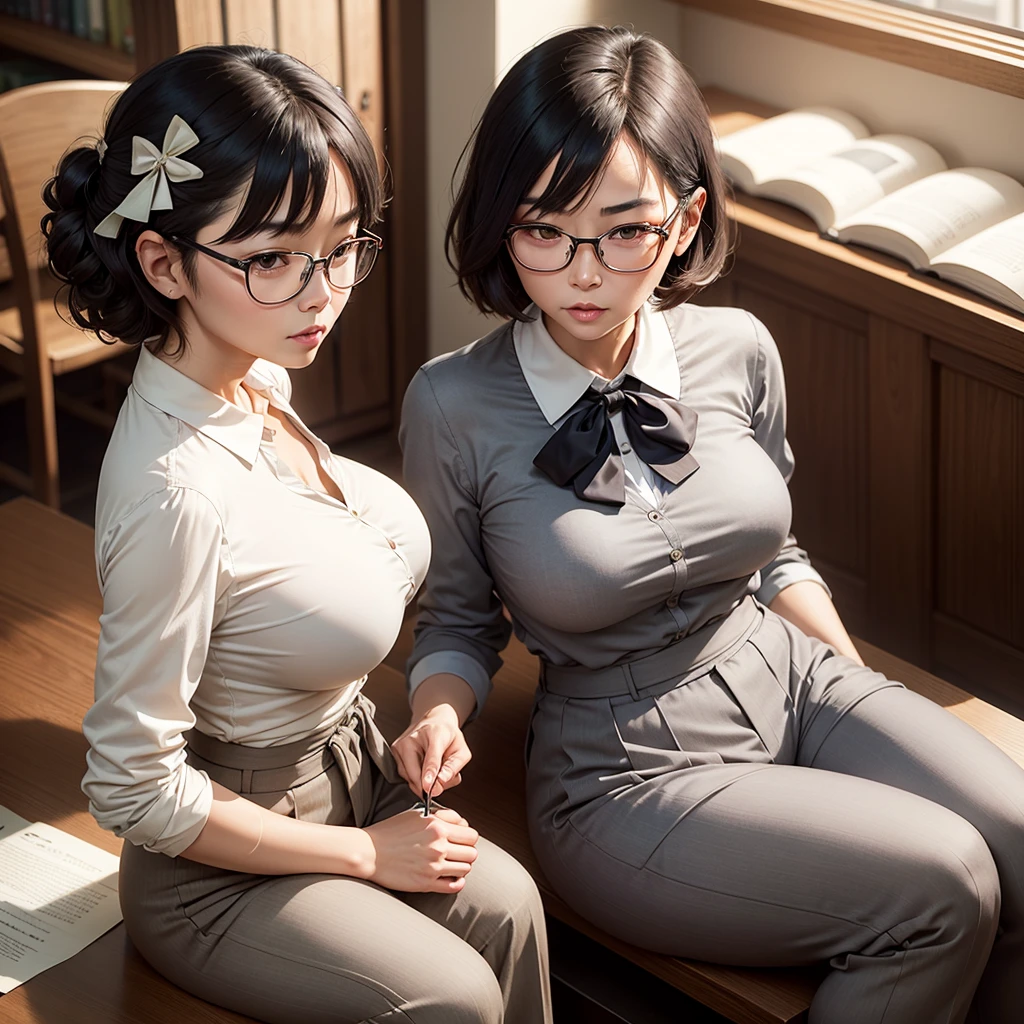 in a library, a 40 year old Japanese woman, wearing gray formal pants, wearing a white long-sleeved dress shirt, face perfect, wearing a round glasses, short-hair, perfect waist, very big tits, perfectbody, She is sitting at a table, wearing a bow around the neck, Realistic images, gazing at viewer