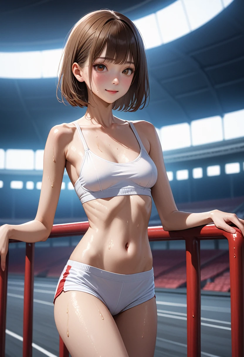 (masterpiece,Highest quality:1.3,best quality illustration,realistic),cowboy shot,1woman,20 year old Japanese beauty,((very small head:1.3)),(short bob brown hair),bangs,brown eyes,gorgeous eyes,blush,smile,medium breasts,((very long body:1.3)),((toned body,slender body:1.3,skinny)),(Sports Bra、navel、Sports shorts),gleaming skin,shiny skin,(sweat:1.3),standing,Arena、Tokyo、