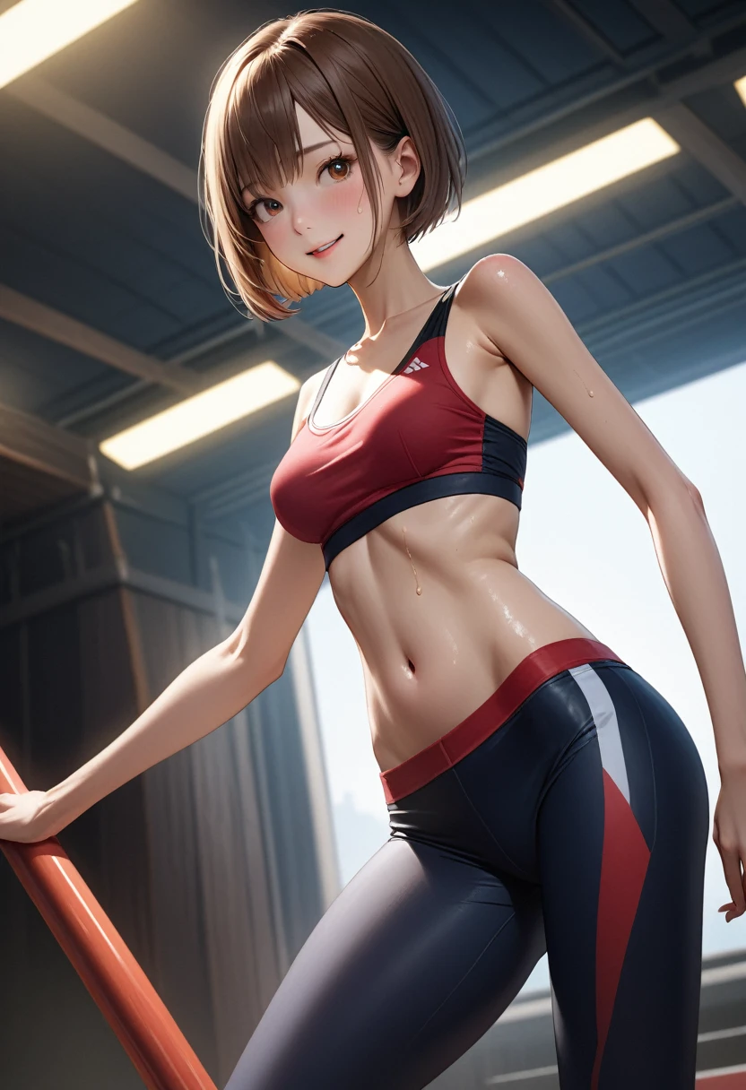 (masterpiece,Highest quality:1.3,best quality illustration,realistic),cowboy shot,1woman,20 year old Japanese beauty,((very small head:1.3)),(short bob brown hair),bangs,brown eyes,gorgeous eyes,blush,smile,medium breasts,((very long body:1.3)),((toned body,slender body:1.3,skinny)),(Sports Bra、navel、Sports shorts),gleaming skin,shiny skin,(sweat:1.3),standing,Arena、Tokyo、