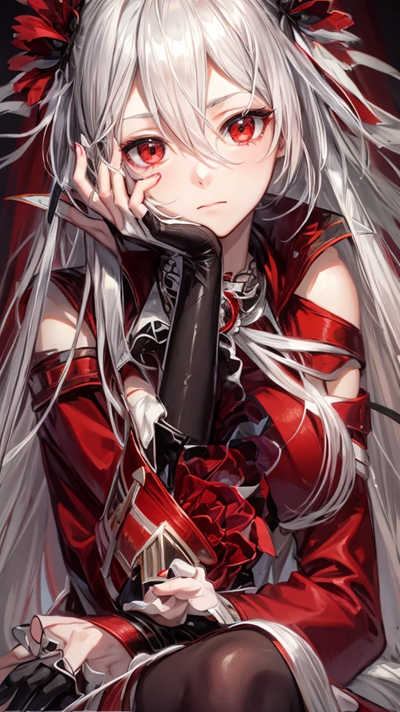 A young woman with long, flowing silver hair and piercing red eyes sits with her chin resting on her hand, gazing thoughtfully at the viewer. She is dressed in a red and black outfit with intricate details and a touch of lace, giving her a sophisticated and mysterious air. The lighting is warm and soft, highlighting her features and creating a sense of intimacy.

[Anime style, detailed and realistic, inspired by the works of Mihoyo and Pixiv artists], [soft lighting, warm colors, smooth textures, slight blur effect on the background, shallow depth of field]