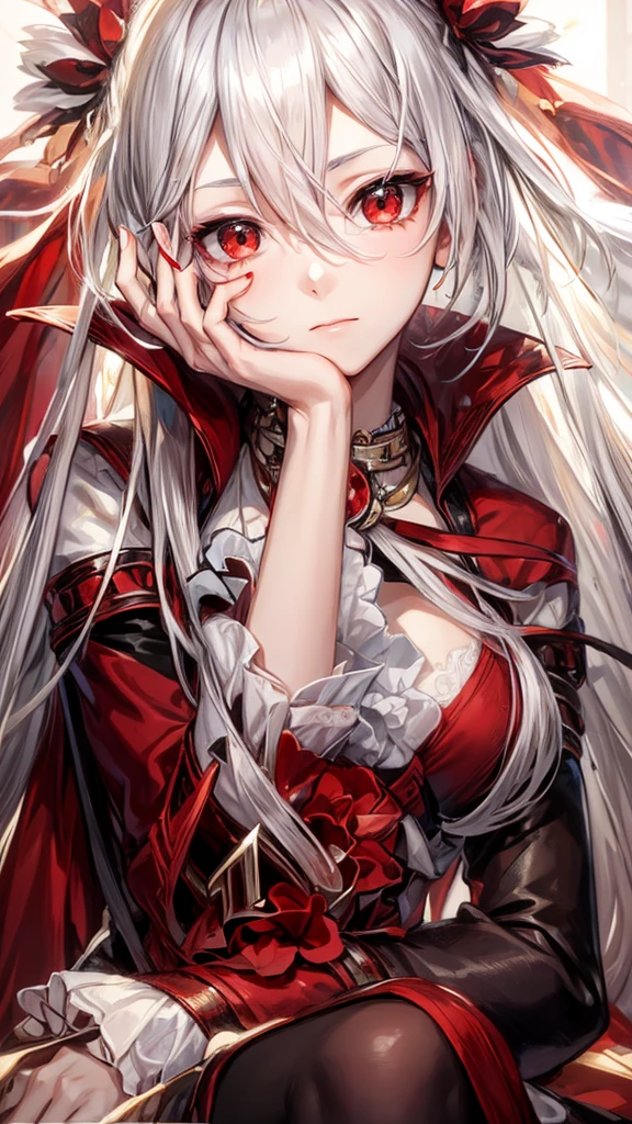 A young woman with long, flowing silver hair and piercing red eyes sits with her chin resting on her hand, gazing thoughtfully at the viewer. She is dressed in a red and black outfit with intricate details and a touch of lace, giving her a sophisticated and mysterious air. The lighting is warm and soft, highlighting her features and creating a sense of intimacy.

[Anime style, detailed and realistic, inspired by the works of Mihoyo and Pixiv artists], [soft lighting, warm colors, smooth textures, slight blur effect on the background, shallow depth of field]