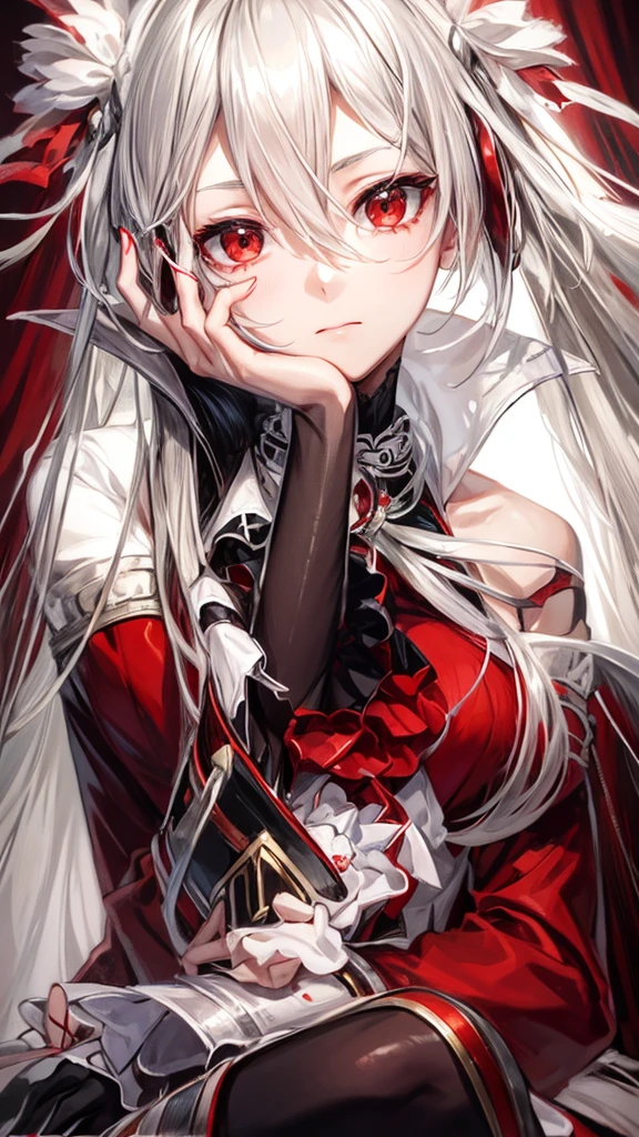 A young woman with long, flowing silver hair and piercing red eyes sits with her chin resting on her hand, gazing thoughtfully at the viewer. She is dressed in a red and black outfit with intricate details and a touch of lace, giving her a sophisticated and mysterious air. The lighting is warm and soft, highlighting her features and creating a sense of intimacy.

[Anime style, detailed and realistic, inspired by the works of Mihoyo and Pixiv artists], [soft lighting, warm colors, smooth textures, slight blur effect on the background, shallow depth of field]