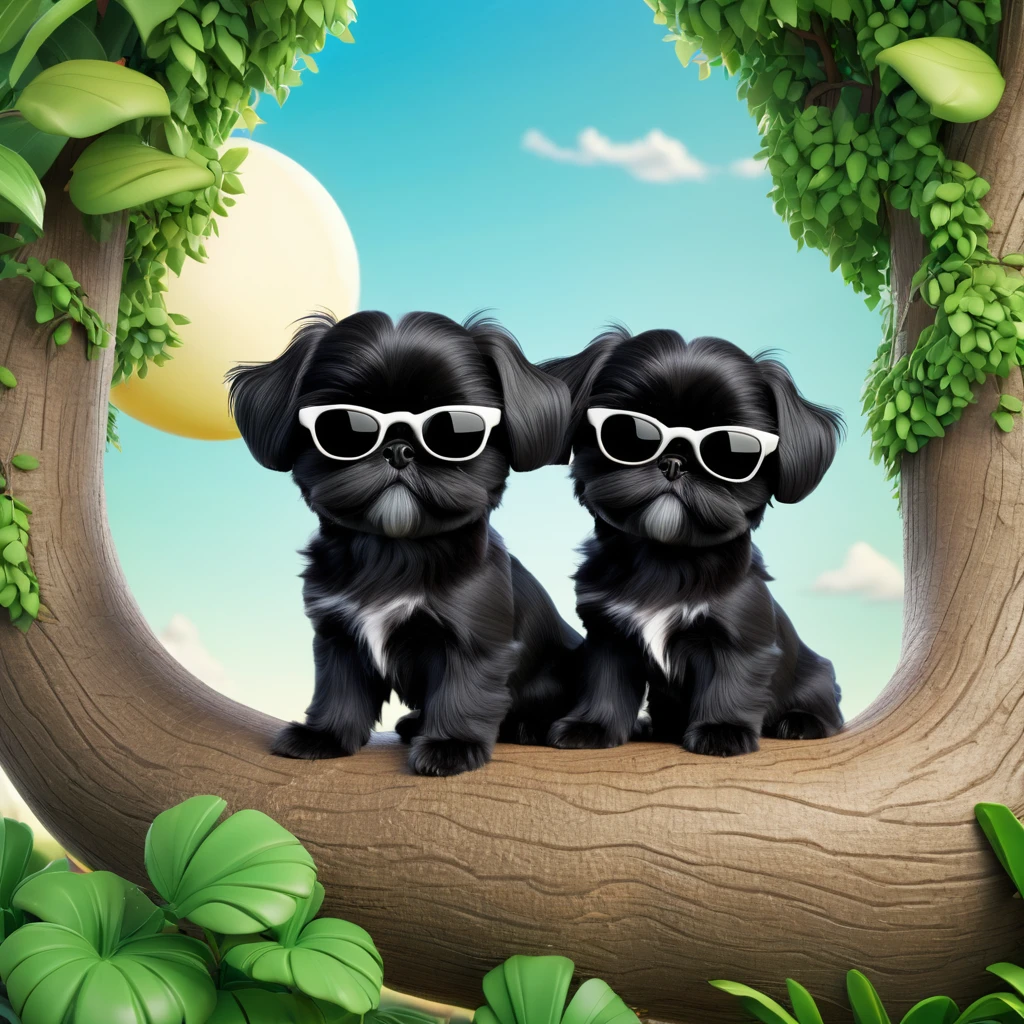 2 Adorable small black Shih Tzu puppies wearing sunglasses climbing trees Disney background 3d cartoon 3d render disney pixar style