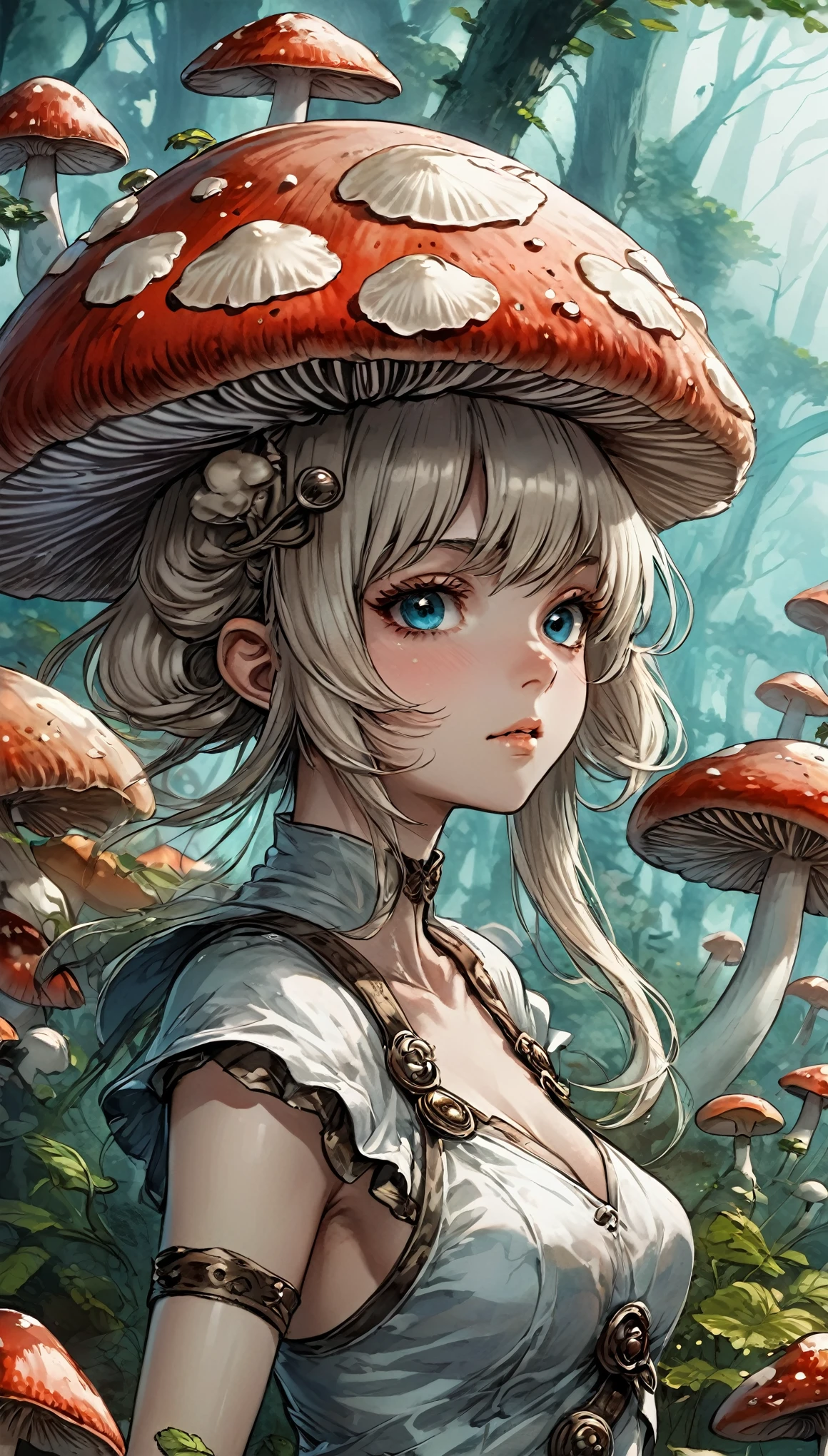 A closeup of a female mushroom from the male mushroom race, 2D cgi anime fantasy illustrations, anime fantasy illustration, anime fantasy illustrations, detailed digital anime art, yoshitakka amano Karol Bak, Digital fantasy art 2D, fantasy art style, detailed Digital fantasy art 2D, fantasy style art...., Digital fantasy art )