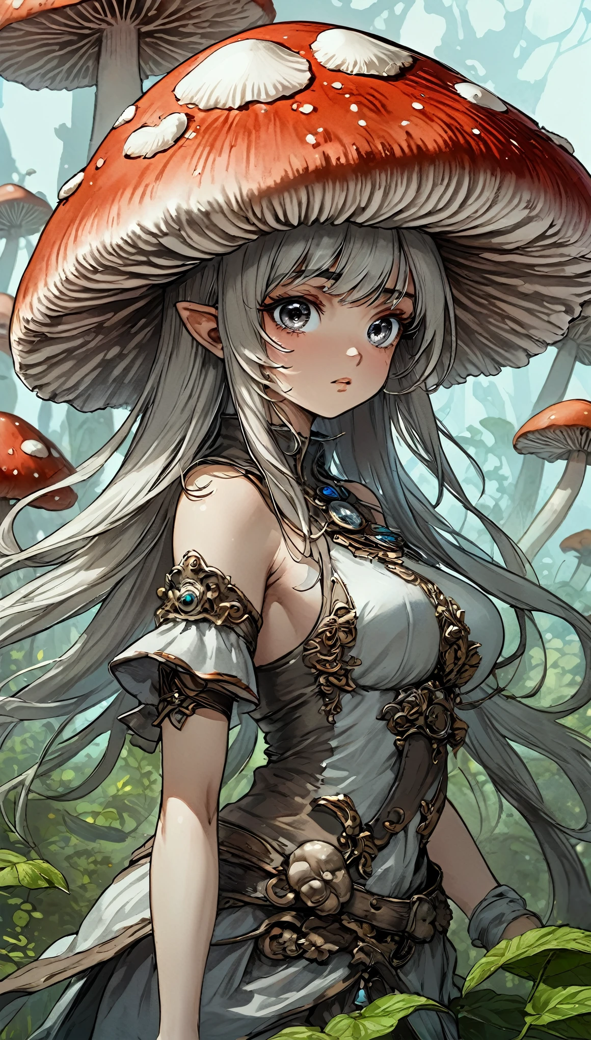 A closeup of a female mushroom from the male mushroom race, 2D cgi anime fantasy illustrations, anime fantasy illustration, anime fantasy illustrations, detailed digital anime art, yoshitakka amano Karol Bak, Digital fantasy art 2D, fantasy art style, detailed Digital fantasy art 2D, fantasy style art...., Digital fantasy art )